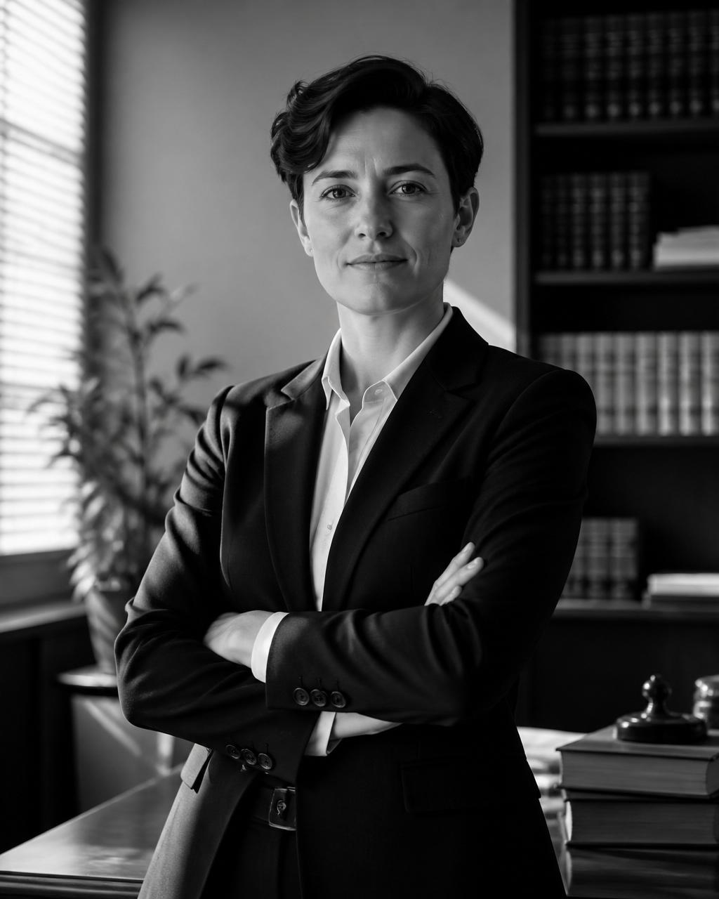 Black and white portrait of the founding attorney of Hollis & Vale Law, a New York law firm